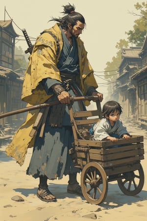 sketch painting. A stoic samurai dressed in traditional tattered kimono pushes a wooden cart through a serene yet dangerous landscape. Inside the cart sits a small child, quietly observing the world with wide eyes, drawing clear inspiration from "Lone Wolf and Cub." The samurai's hand grips the handle of the cart firmly, while his other hand rests on the hilt of his katana, ready for any threat. The background is a misty forest or ancient village, with hints of danger lurking in the shadows. The scene exudes a sense of duty, protection, and the quiet intensity of a warrior's journey.