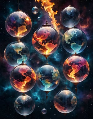 Fantasy image of large transparent globes floating in space arranged in symmetrical pattern, each representing an element, fire, water, air, vibrant, multicolor, highly detailed
