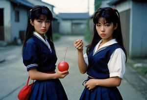  A cinematic film still of Yoko Minamino as Sukeban Deka, wearing dark blue Sailor Fuku long skirt, holding a toy yoyo in her hand, 80s Japanese Drama. Style by Masamune Shirow. Canon 5d Mark 4, Kodak Ektar, 35mm 