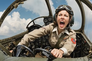 Photo, Female pilot, screaming, inside cockpit, ww2, canon 5d mark 4, kodak ektar, art by J.C. Leyendecker