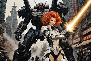 A cinematic film still of a redhead with wavy perm hair in apowered armor suit, shooting at giant black mecha. 

The heroine's armor is adorned with intricate designs and a retractable shroud, revealing her determination and strength. The background is a dystopian cityscape, with buildings crumbling and people caught in the crossfire. Style by Masamune Shirow. Style by J.C. Leyendecker. Canon 5d Mark 4, Kodak Ektar, 35mm 