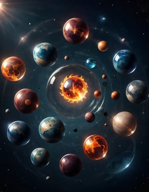 Fantasy image of floating transparent spheres arranged in symmetrical pattern, each representing the planets, stars, fire, water, air, and earth, planets, stars, Simple background