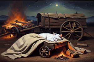 Oil painting. sleeping cat, napping under a blanket, eyes closed, night scene, beside a bonfire and an abandoned wagon, old west,painting,oil painting