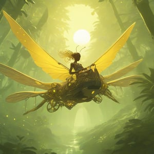 Nausica soars on her Mehve glider, guiding a swarm of Ohmu through the toxic jungle. The setting sun paints the spores gold, contrasting the coming darkness.