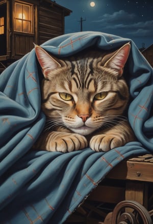 Oil painting. Close up of a sleeping cat, napping under a blanket, eyes closed, night scene, beside an abandoned wagon, old west