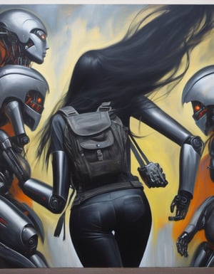 Abstract painting. girl, black long hair blown by the wind, cybernetic armor, backpack, Background is a Giant evil Mechanical Robot., MoDernart