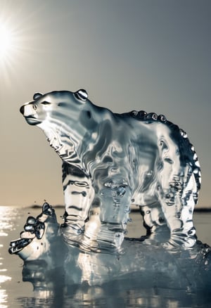 Photo of a polar bear made of water, melting arctic ice, bright sun