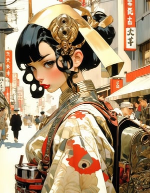 Anime artwork. Japanese girl, dole eye, red lipstick,  kawaii armor, backpack, on the street in Tokyo, art by J.C. Leyendecker