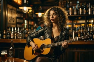  Dutch Angle. Closeup Photo of a caucasian woman with curly hair, leather jacket and mini skirt playing guitar in a bar. Background is a fat man drinking beer. Style by J.C. Leyendecker. Canon 5d Mark 4, Kodak Ektar, 35mm 