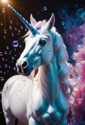 made of bath foam and soap bubbles, photograph capturing a unicorn, with sharp focus, vibrant colors, strong film grain, cinematic lighting