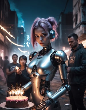 Photo of a sad android girl, led eyes, with metallic robot body, holding a sparkler beside her birthday cake, surrounded by her family. A crumbling cyberpunk ruin in the background, night scene