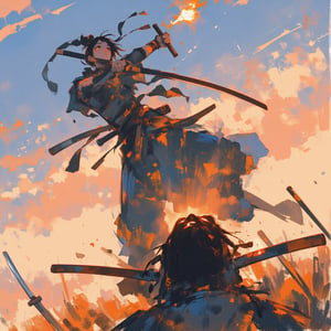 sketch painting. A shot from the ground up. A Samurai lifting his head upward. Above him, a female ninja is attacking. She holds a short dagger, The scene is illuminated by the soft glow of the setting sun