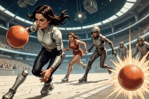 Anime style illustratoin by J.C. Leyendecker. Battle Angel Alita competing in a high-speed Motorball game, similar to Rollerball. Alita, wearing her iconic sleek cyborg armor, races through the futuristic Motorball track on rollerblades, gripping the glowing Motorball in one hand. Her face is focused and determined, with cybernetic enhancements emphasizing her power and agility. The arena is a high-tech, metallic environment with neon lights, massive crowds, and a gritty, industrial vibe. In the background, other cybernetic players chase after her, each equipped with various mechanical enhancements designed for speed and combat. Sparks fly from Alita's blades as she speeds around a sharp curve, with the atmosphere of the scene reflecting the intensity, competition, and danger of the Motorball game. The overall aesthetic is bold, dynamic, and futuristic, with a mix of cyberpunk elements and action-packed energy 