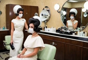 Photograph capturing two women in a 1960s hair salon, chatting away as they sport vintage hair dryers over their heads. The hair dryers, large and round with a distinct retro design with a platic face mask and enclose their heads. The women wear elegant dresses and pearl necklaces, reflecting the style and class of the era. The salon's interior features vintage furniture and decor, with a touch of glamour and sophistication.