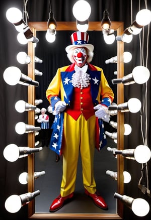 Photo of Ronald Macdonald, backstage looking into a vinity mirror with lightbulbs around the edge, with a reflection of Uncle Sam in the mirror,none