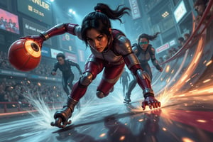 Photograph Overhead shot of Battle Angel Alita competing in a high-speed Motorball game, similar to Rollerball. Alita, wearing her iconic sleek cyborg armor, races through the rollercoaster like cyberpunk Motorball track on rollerblades, gripping the glowing Motorball in one hand. Her face is focused and determined, with cybernetic enhancements emphasizing her power and agility. The arena is a high-tech, metallic environment with neon lights, massive crowds, and a gritty, industrial vibe. In the background, other cybernetic players chase after her, each equipped with various mechanical enhancements designed for speed and combat. Sparks fly from Alita's blades as she speeds around a sharp curve, with the atmosphere of the scene reflecting the intensity, competition, and danger of the Motorball game. The overall aesthetic is bold, dynamic, and futuristic, with a mix of cyberpunk elements and action-packed energy 