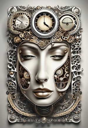 Surrealist art, A woman's face is open zipper, clocks and intricate gears inside the face. 3d grainy aesthetic illustration,  ultra realistic 3d illustration,full hd render, surreal 3 