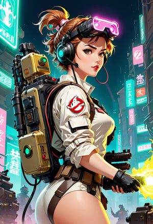 Anime artwork. Ghost Busters, firing Spengler’s Proton Pack,  wearing VR helmet,  cyberpunk 2077 cityscapes, art by J.C. Leyendecker