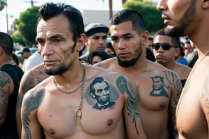 Candid Street Photo. Closeup shot of Abraham Lincoln as a Latino Gang member. Shirtless, tattooed. Busy street of Los Angeles. Canon 5d Mark 4, Kodak Ektar