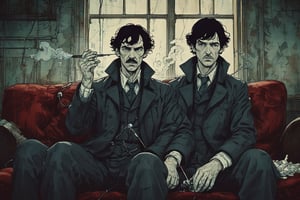 Closeup of a Sherlock Holmes sitting on a sofa, injecting himself with cocaie.