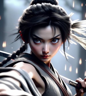 Chinese ancient style, black and gray tones, hazy feeling, sword fairy, movie shot, photo realism, shot from a low angle, a young heroine, very handsome, big eyes, focused on eyes, close-up, high cold, crazy details, movie lighting, ultra high definition, cg rendering, volume lighting, unreal engine