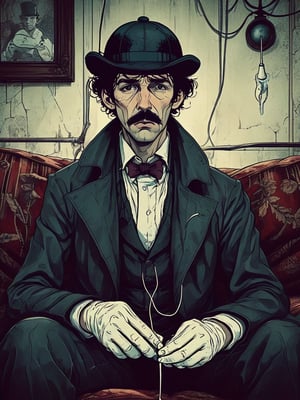 Closeup of a Sherlock Holmes, a bored Victorian wearig a 
Deerstalker, sitting on a sofa, injecting cocaine with a needle.