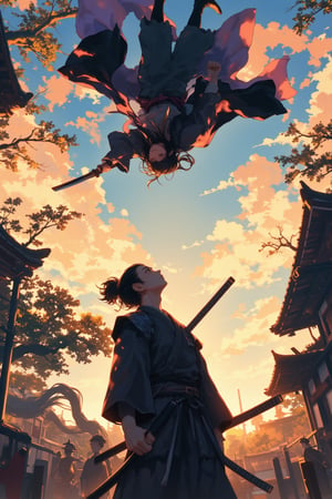 Anime style. A shot from the ground up. A Samurai lifting his head upward. Above him, a female ninja is falling on him. Her sharp katana is poised for attack, The scene is illuminated by the soft glow of the setting sun