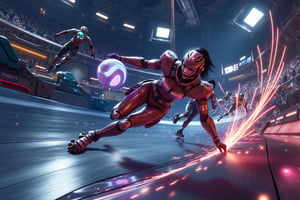 Photography. Overhead shot of Battle Angel Alita competing in a high-speed Motorball game, similar to Rollerball. Alita, wearing her iconic sleek cyborg armor and padded helmet, races through the winding rollercoaster like Motorball track on rollerblades, gripping the glowing basketball like gadget in one hand. The arena is a high-tech, metallic environment with neon lights, massive crowds, and a gritty, industrial vibe. In the background, other cybernetic players chase after her, each equipped with various mechanical enhancements designed for speed and combat. Sparks fly from Alita's blades as she speeds around a sharp curve, with the atmosphere of the scene reflecting the intensity, competition, and danger of the Motorball game. The overall aesthetic is bold, dynamic, and futuristic, with a mix of cyberpunk elements and action-packed energy 