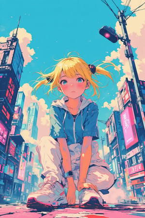 Sketch painting. lyh_niji. anime style. 1girl. A vibrant anime-style illustration of a young blonde woman sitting on the ground in a futuristic cityscape. She wears a blue and white windbreaker and white sneakers with pink accents. Her wide blue eyes are filled with wonder, and her cheeks are flushed, suggesting excitement or surprise. The wind gently tousles her hair as futuristic skyscrapers and neon signs fill the background, all under a bright blue sky with fluffy clouds. The setting conveys a sense of adventure in a modern, high-tech urban environment, with bold, clean lines and pastel colors adding a soft yet dynamic feel.