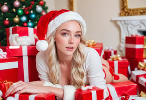 Cinematic Film Still, Pale Blonde Woman, freckles, braids, wearing Santa hat, laying down on her back in a giant pile of presents, in a mansion, raw photo, nikon,micro bikini