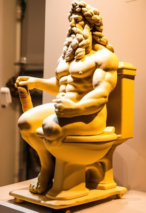 Sculpture of Zeus made of wool, squatting on a Toilet Seat,w00len