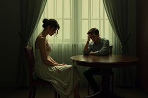 Prompt: dreamy art. Impressionistic painting of a dimly lit, intimate scene with two people in a room. A young woman in an elegant, flowing dress with floral patterns sits beside a round, dark wooden table. She leans slightly, her face turned away, revealing a soft, serene expression. Her dress gently cascades, reflecting the soft light filtering through sheer curtains in the background. The man, seated behind her with his hand on his forehead, appears deep in thought. The room is bathed in muted, earthy tones, with subtle green hues dominating the background. The overall atmosphere is quiet, introspective, and melancholic, evoking a sense of stillness and contemplation.,