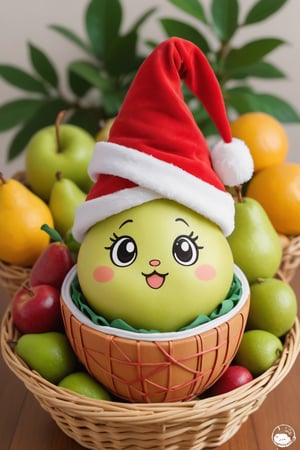 Photo of chibi Pear Santa hat inside a fruit basquet