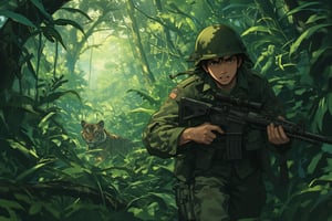 lyh Anime style. Create a tense jungle scene set in Vietnam, featuring a dense, lush environment with thick foliage, tall trees, and tropical plants. We see the close up face of an American Marine, showing fear in his face, is cautiously walking towards the viewer, holding a rifle in a ready position. He is dressed in camouflage fatigues and a helmet, blending into the surroundings. Unbeknownst to him, a distance away, a stealthy tiger is following closely behind, partially obscured by the foliage. The tiger's eyes are fixed on the soldier, adding a sense of impending danger to the scene. The overall atmosphere should be one of suspense, with the jungle's dense greenery and shadows heightening the tension.