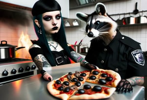 Profile of Goth girl with piercing and tattoo, cooking beans over pizza, while policemen  disperse raccoons, kitchen