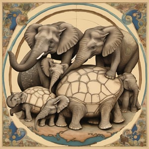 Four World Elephants resting on a World Turtle