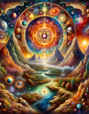 Paiting of a cosmic archway, into another dimention of the alchemy elements, planets, water, fire, earth, third eye, Sky, mountain and medow in the background