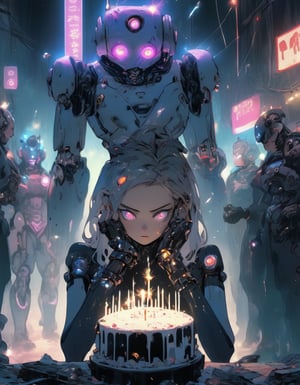 Photo of a sad android girl, led eyes, with metallic robot body, holding a sparkler beside her birthday cake, surrounded by her family. A crumbling cyberpunk ruin in the background, night scene