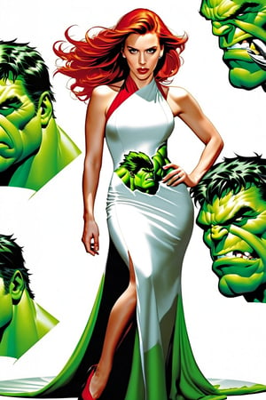 (Scarlett Johansson, wearing straight floor length dress made of a digital painting of The Incredible Hulk printed on silk) white background, red hair