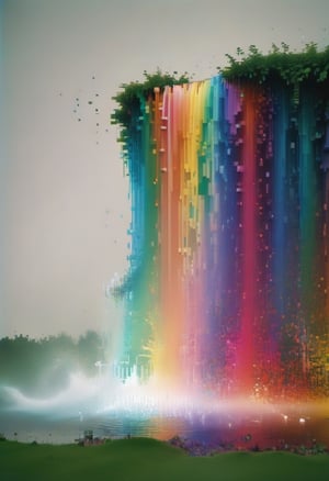 A waterfall of rainbow-colored pixels that fall into the ground, dissolving into pixels.  made of water