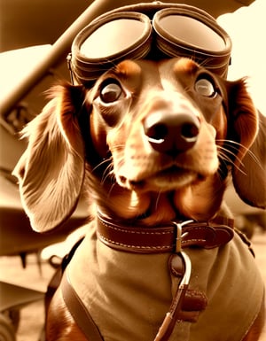 Photo of a WW1 biplane with a Dachshund  as pilot, goggles 