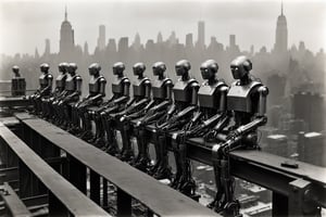 B & W photograph of a group of robots constrution sitting on a steel beam high above the ground, during lunch break, during construction of the RCA Building in Manhattan, art by by Lewis Hine, September 20, 1932