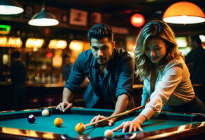 Photo. Closeup of a happy couple shooting pool at a local bar. Canon 5d Mark 4, Kodak Ektar, 35mm, neon light. Fine art photography, iconic, dynamic angle, dynamic pose, macro, photograph, sharp, focussed, Lomography Color 100, F/14, World-renowned, (designed by Olivier Valsecchi:1.2), beautiful detailed supreme quality color intricate, extremely stylish, deep aesthetic, sharp focus, magnificent, dynamic dramatic composition