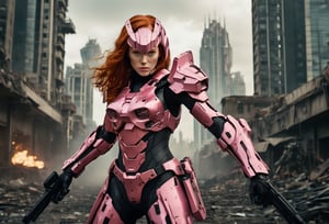 A cinematic film still of a redhead in a pink-powered armor suit, shooting at giant black mecha. 
BREAK
The heroine's armor is adorned with intricate designs and a retractable shroud, revealing her determination and strength. The background is a dystopian cityscape, with buildings crumbling and people caught in the crossfire. Style by J.C. Leyendecker. Canon 5d Mark 4, Kodak Ektar, 35mm 