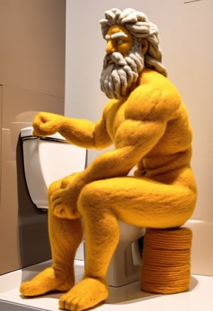 Sculpture of Zeus made of wool, squatting on a Toilet Seat,w00len