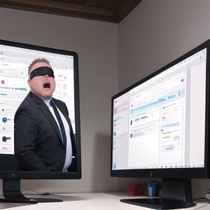 monitor, middle aged fat man, drooling, blindfold, black blindfold, ItsAllFuckingLewdsMeme, 
