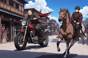 Anime style. A race between a Samurai on a motorcycle with a man on a horse. Close up of a Japanese man dressed as a samurai riding a motorcycle across a busy street in Kyoto, set in the year 1800. The samurai, laughing while looking upward, is wearing traditional armor, has his katana sheathed at his side as he speeds through the bustling market street, filled with merchants, pedestrians, and wooden stalls. The horse rider looks at the samurai in astonishment.