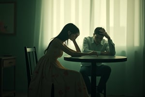 3d octane render, dark dreamy art of a cute little minimalist Colorful balenziaga, shaping lighting and shadows, cosy lo-fi setting intimate scene with two people in a room. A young lo-fi woman in an elegant, flowing dress with floral patterns sits beside a round, dark wooden table. She leans slightly, her face turned away, revealing a soft, serene expression. Her dress gently cascades, reflecting the soft light filtering through sheer curtains in the background. The man, seated behind her with his hand on his forehead, appears deep in thought. The room is bathed in muted, earthy tones, with subtle green hues dominating the background. The overall atmosphere is quiet, introspective, and melancholic, evoking a sense of stillness and contemplation. 