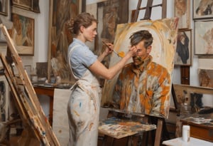 Photo of woman covered in paint in an artist's studio painting a portrait on canvas, art by J.C. Leyendecker, UHD 8k wallpaper