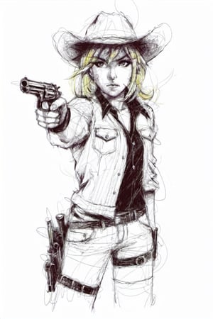 Blonde Cowgirl in white short shorts,pointing with a gun, anime style, black and white drawing